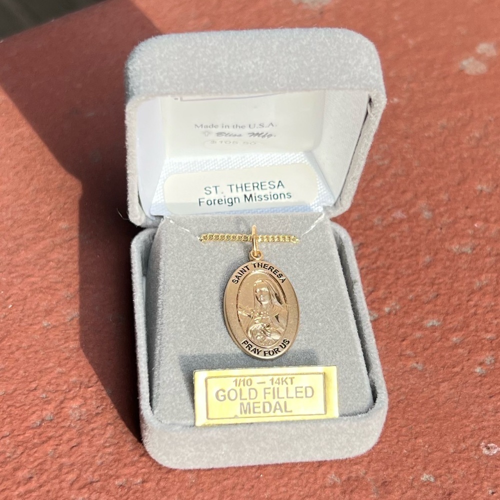 St. Theresa Gold-Filled Oval Medal with 18” Chain Religious Necklace